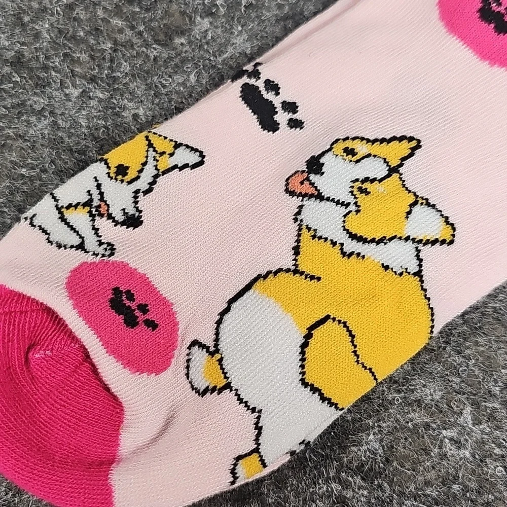 Colorful Corgi Dog Print Socks, 3 Pk, Black Pink Aqua, One Size, New Without Tag